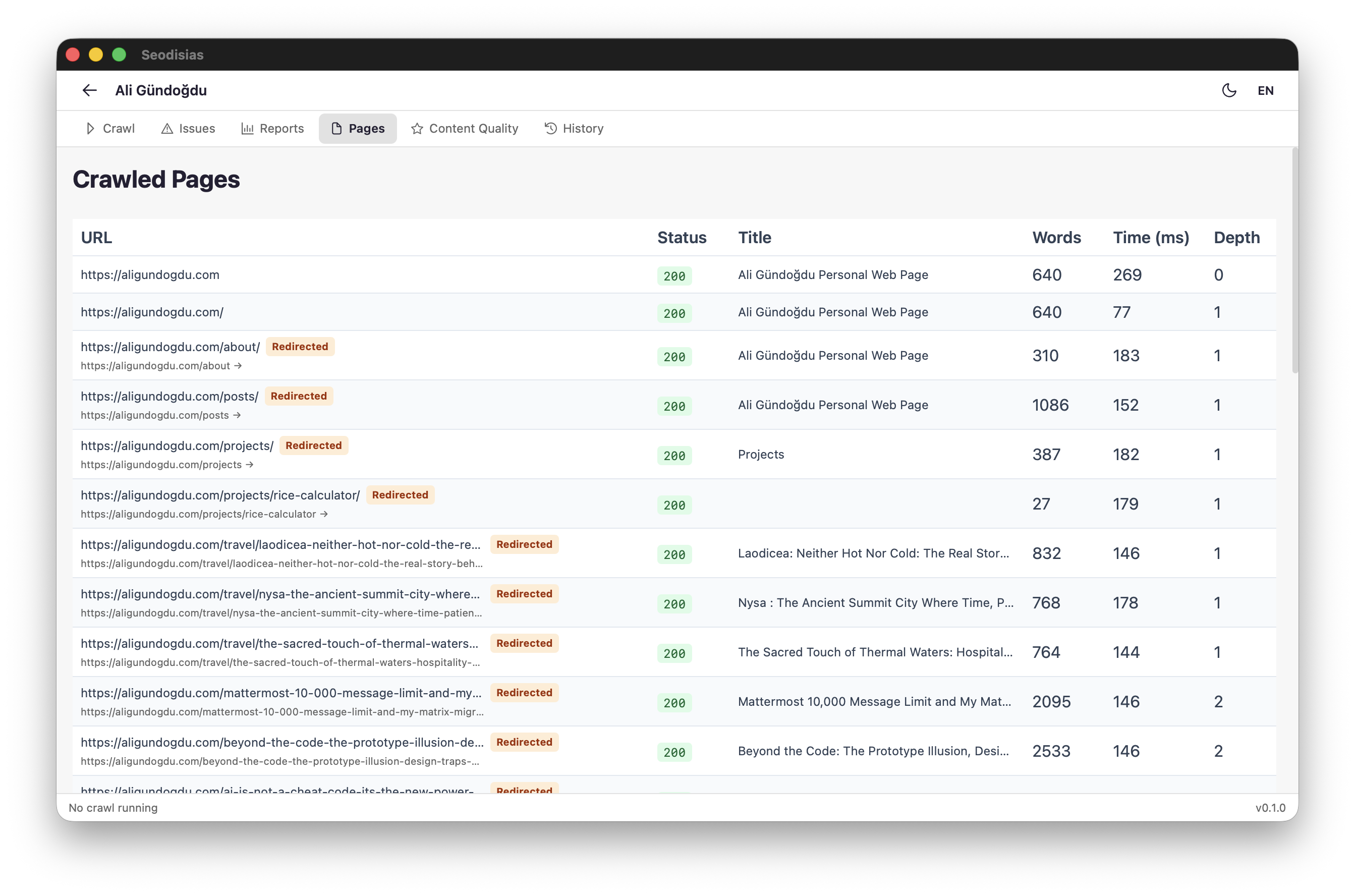 Crawled Pages List with Status and Details