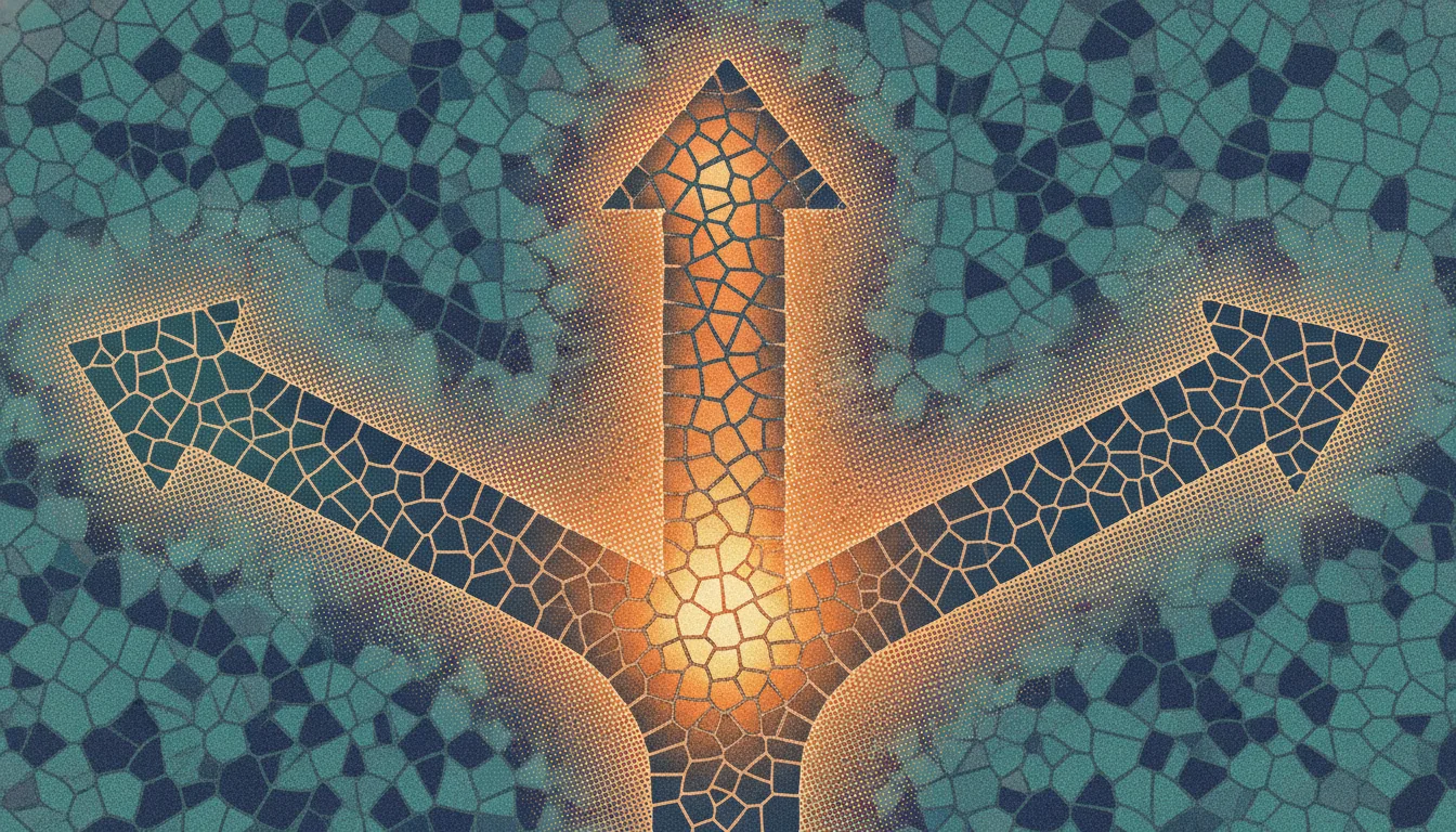 A risograph and antique-mosaic illustration of a branching decision path made of mosaic-tile arrows, one path glowing orange to mark the right choice