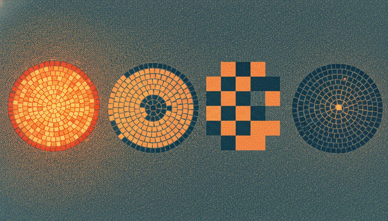 A risograph and antique-mosaic illustration showing a spectrum from fully free to limited, a gradient of mosaic tiles from glowing orange to muted teal