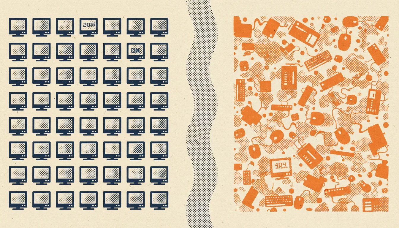 Risograph retro split panel showing lab simulation on the left as a controlled grid and real user devices on the right as scattered orange dots