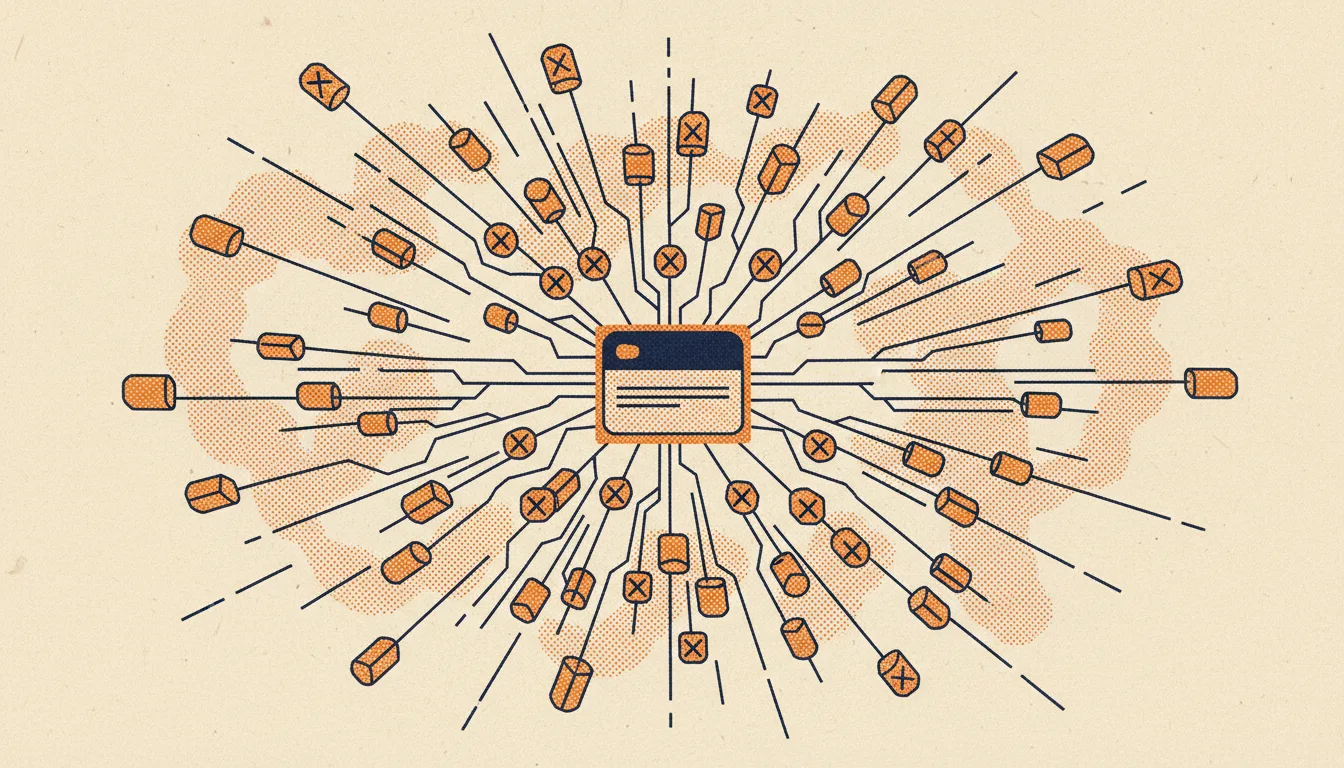 A single product card explodes into many faceted URL combinations like a starburst