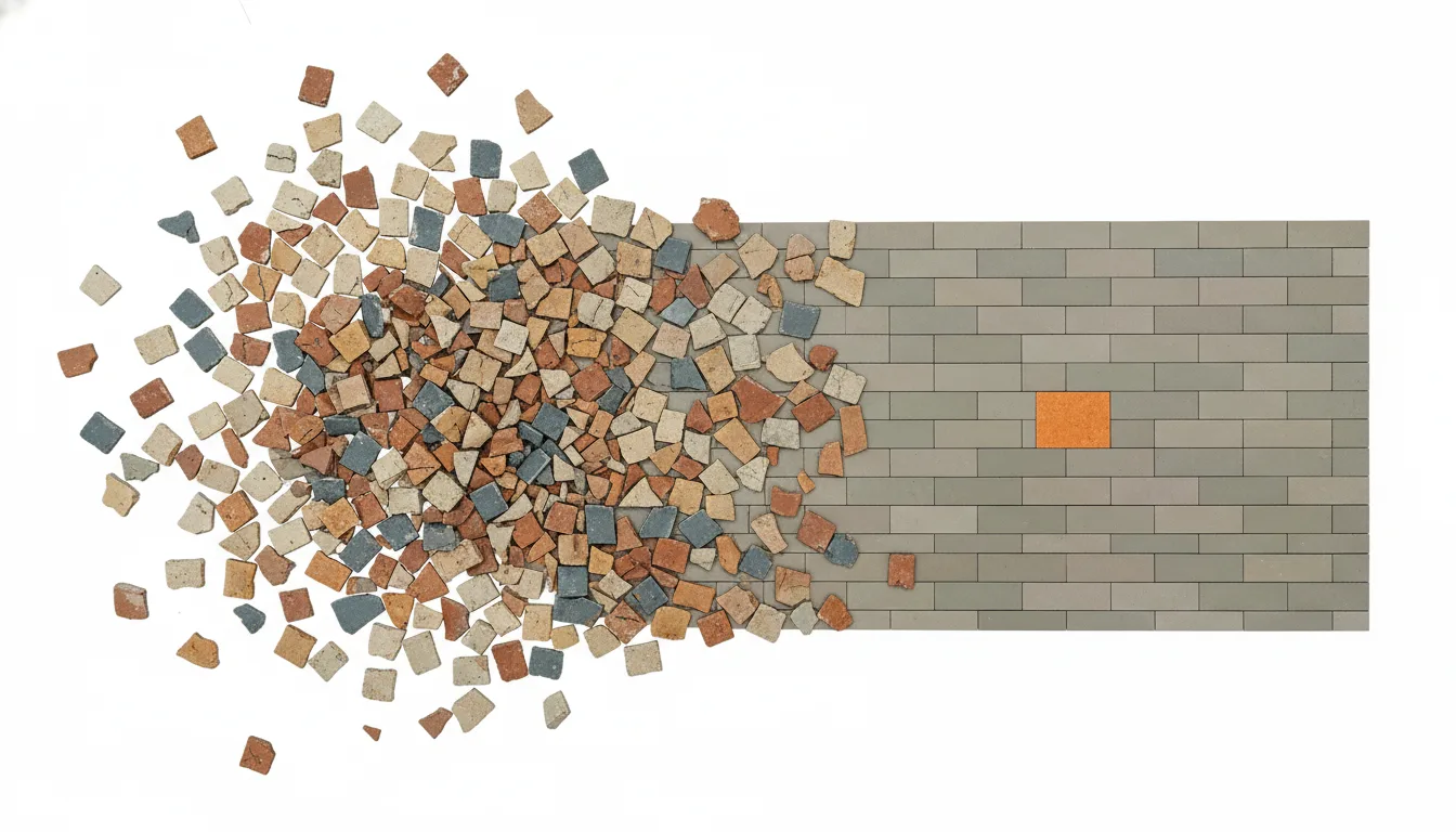 Antique mosaic: scattered noisy tiles resolving into one clean solid foundation block, the boring correct answer