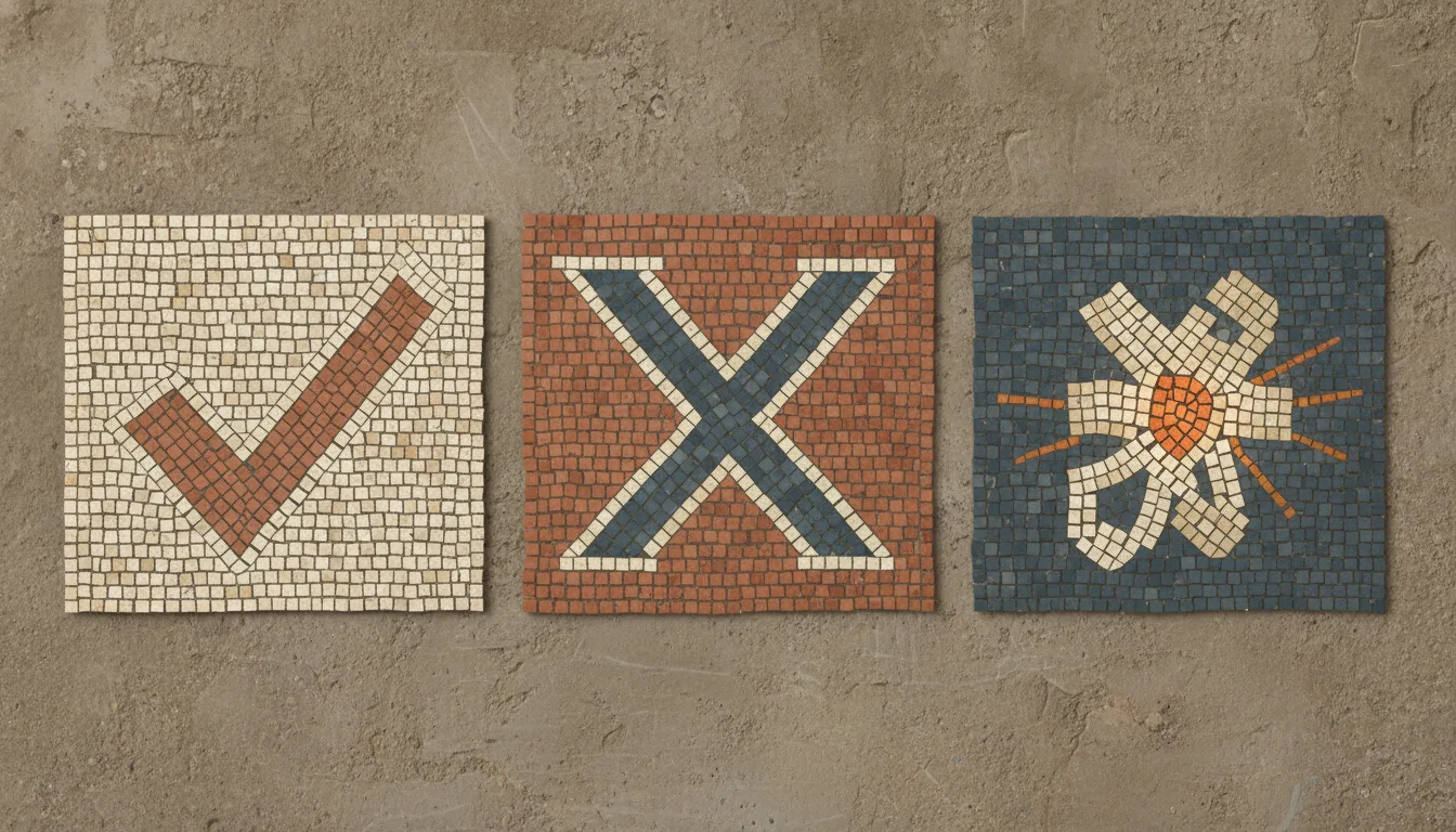 Three antique mosaic panels: a check mark for confirms, an X for debunks, a new burst shape for what is new