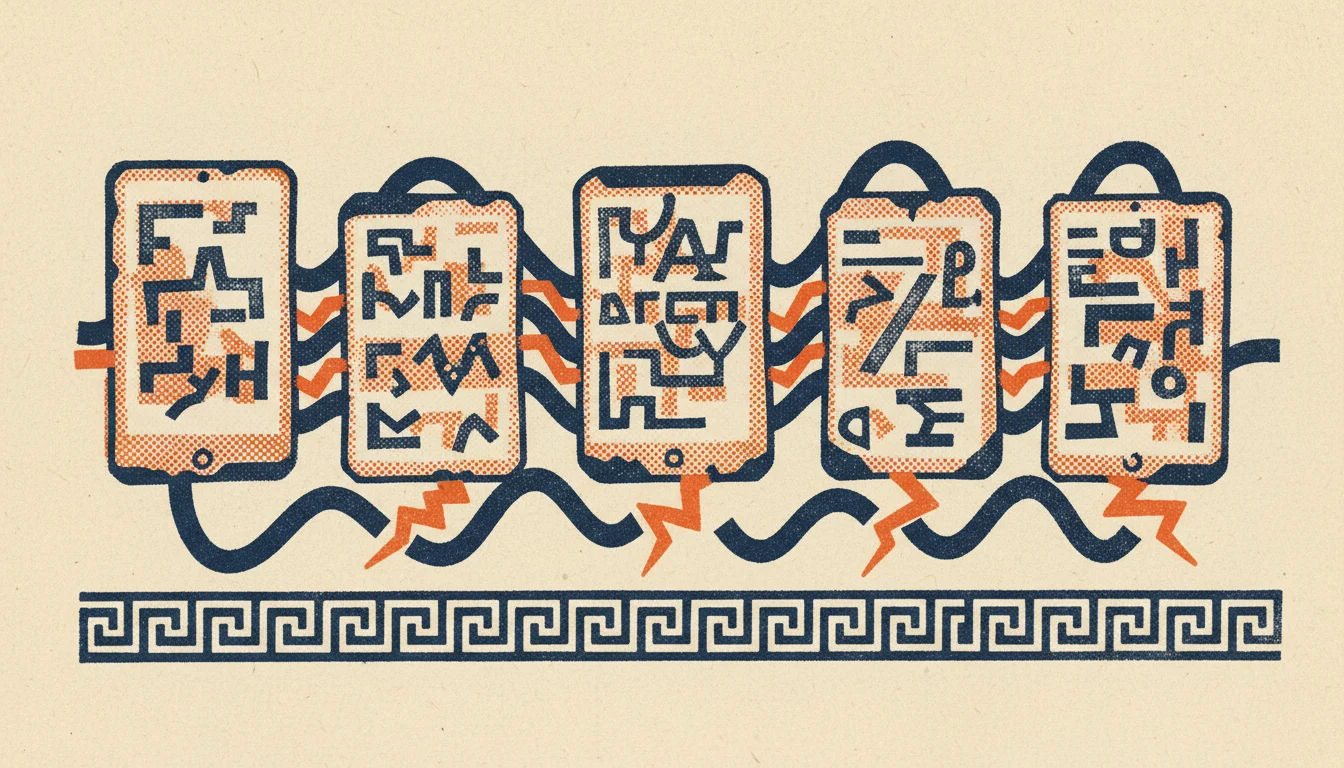 Hybrid riso and antique parchment showing five common hreflang mistakes as broken connection lines between language variants