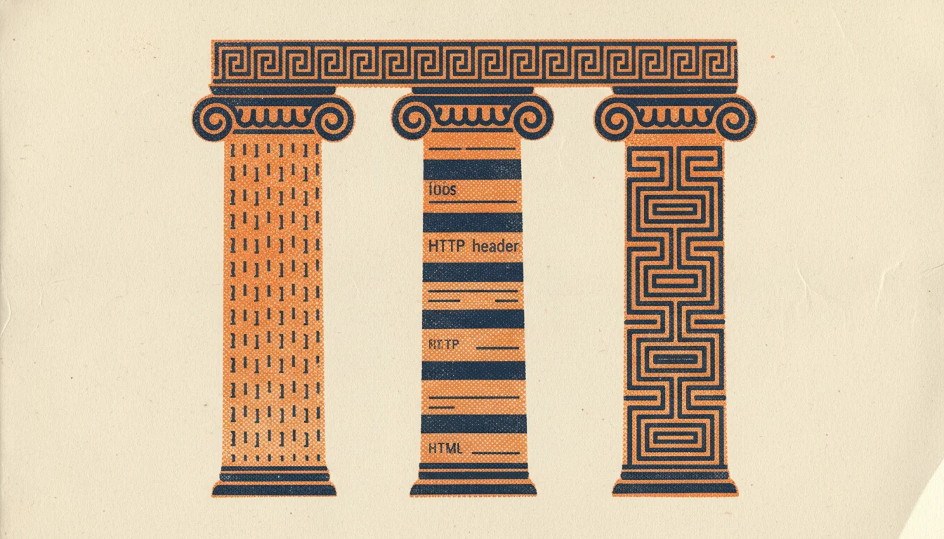 Hybrid riso and antique mosaic visualization showing three pillars of hreflang implementation