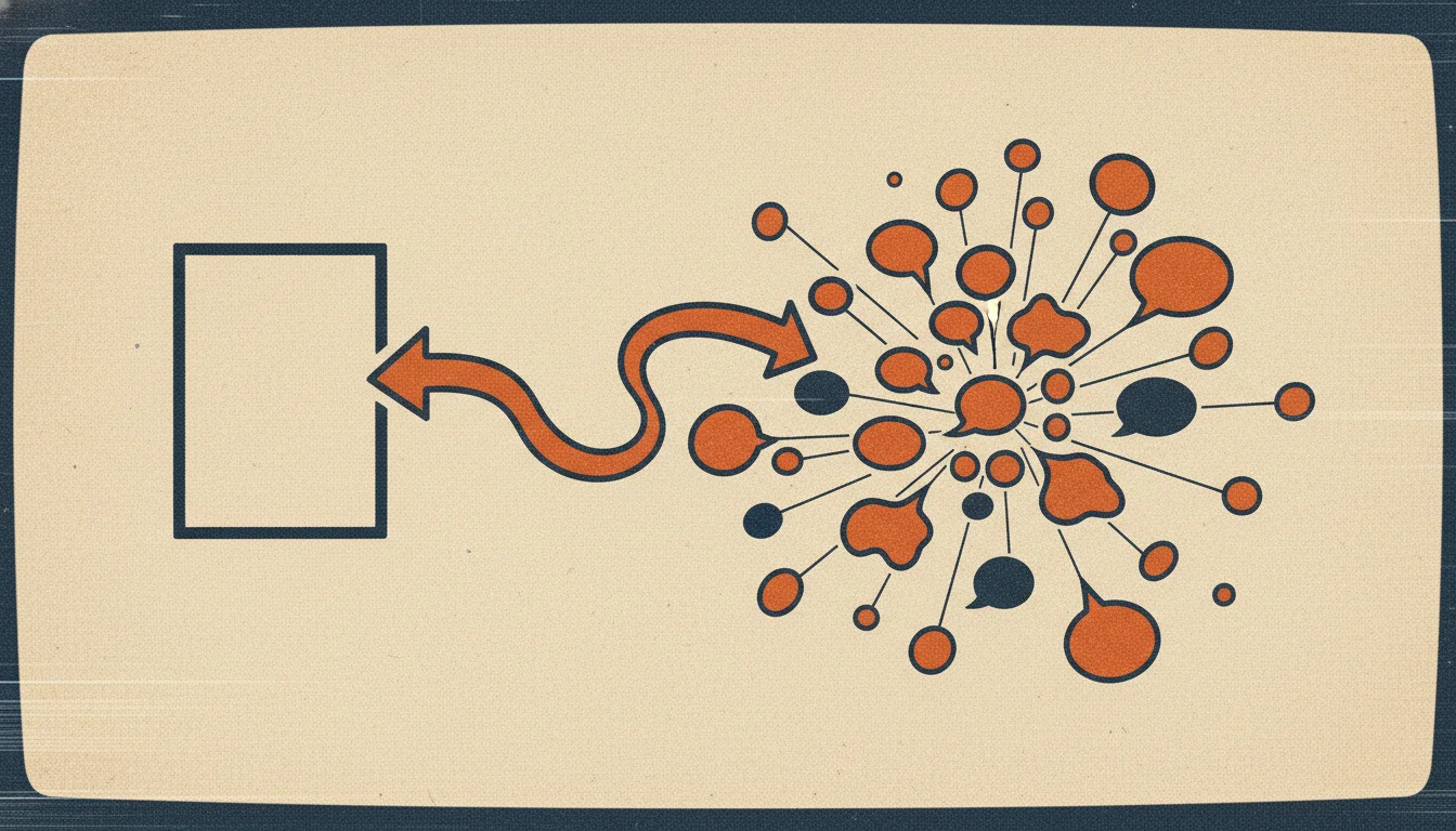 A risograph illustration of a single page connected to a constellation of nodes, showing one brand mentioned across many places.