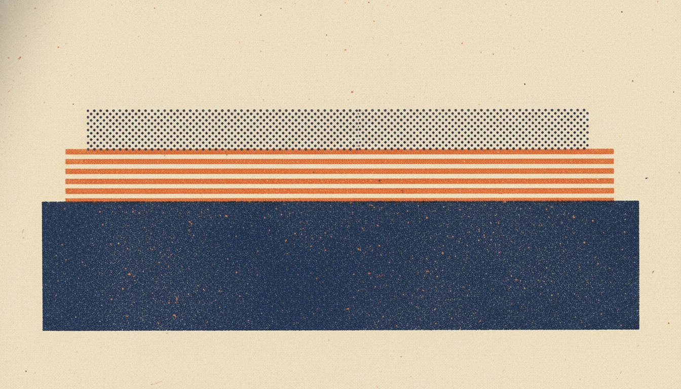 A risograph diagram of three stacked layers, a wide solid base with two lighter layers built on top.