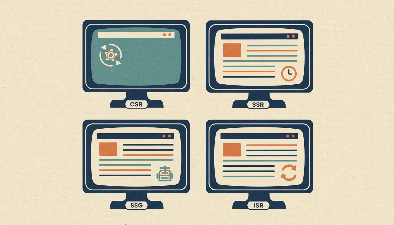 Risograph retro composition showing four rendering strategies as labeled monitors