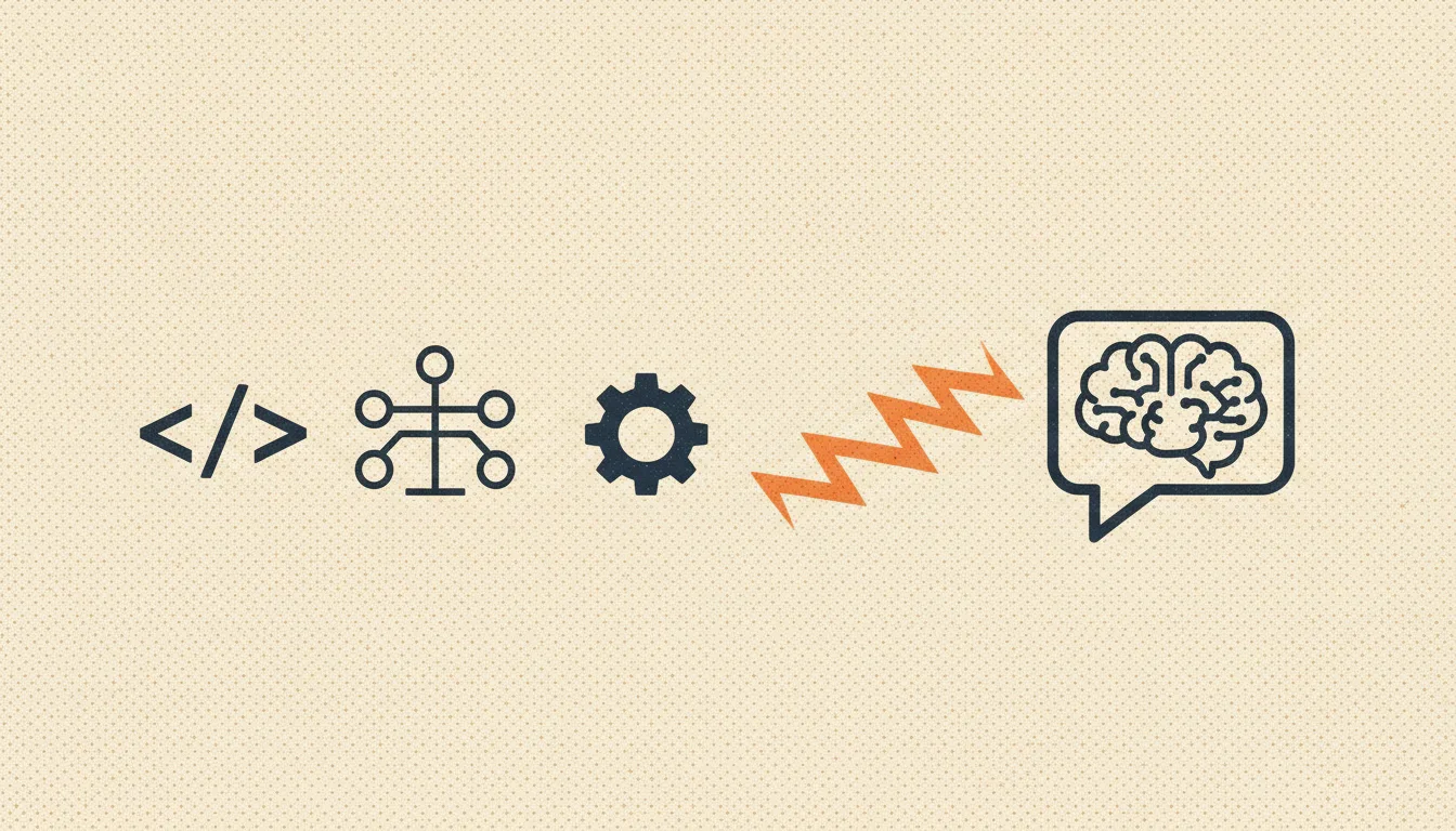 Schema markup, sitemap, and robots.txt icons wired together with an electric current flowing toward an AI engine, risograph retro style