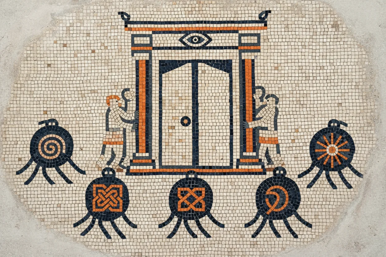 A mosaic scene showing three crawler figures approaching an ancient gate, one passing through while another turns away