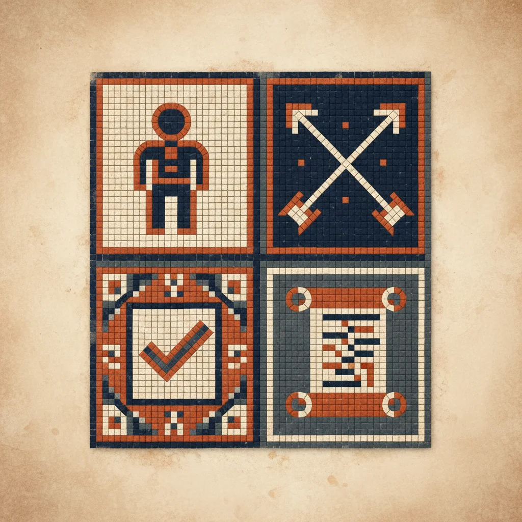Four mosaic tablets showing the four key robots.txt directives: User Agent, Disallow, Allow, and Sitemap