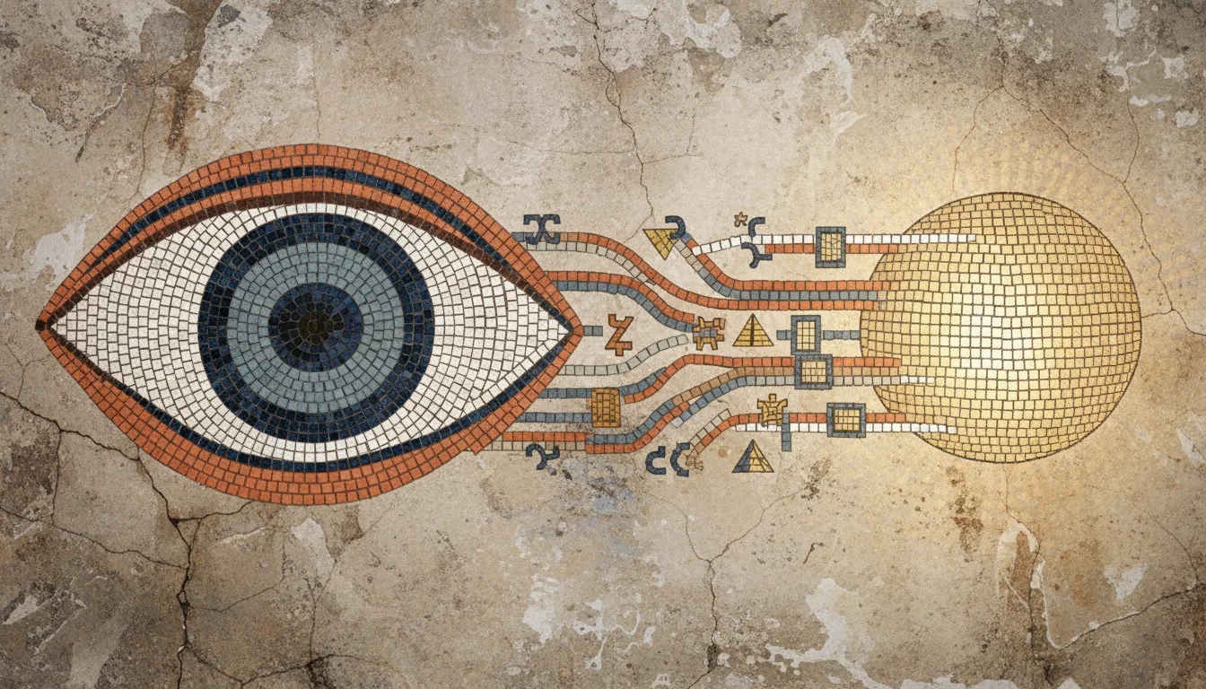 A mosaic showing structured data flowing from a stylized eye into a glowing AI sphere