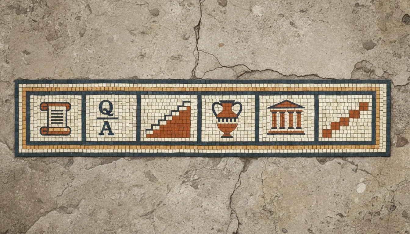 A mosaic frieze with six panels showing the most common schema types as antique symbols