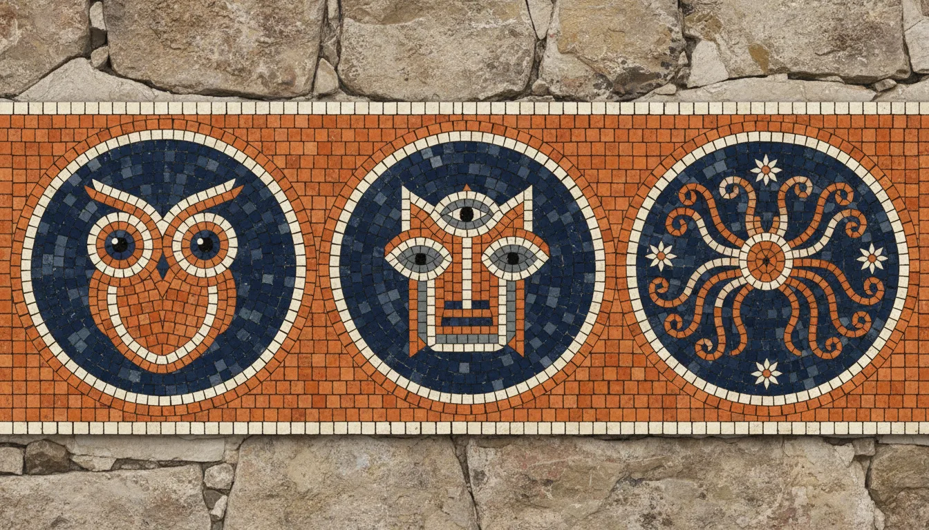 Three AI crawler bot avatars rendered as ancient mosaic medallions
