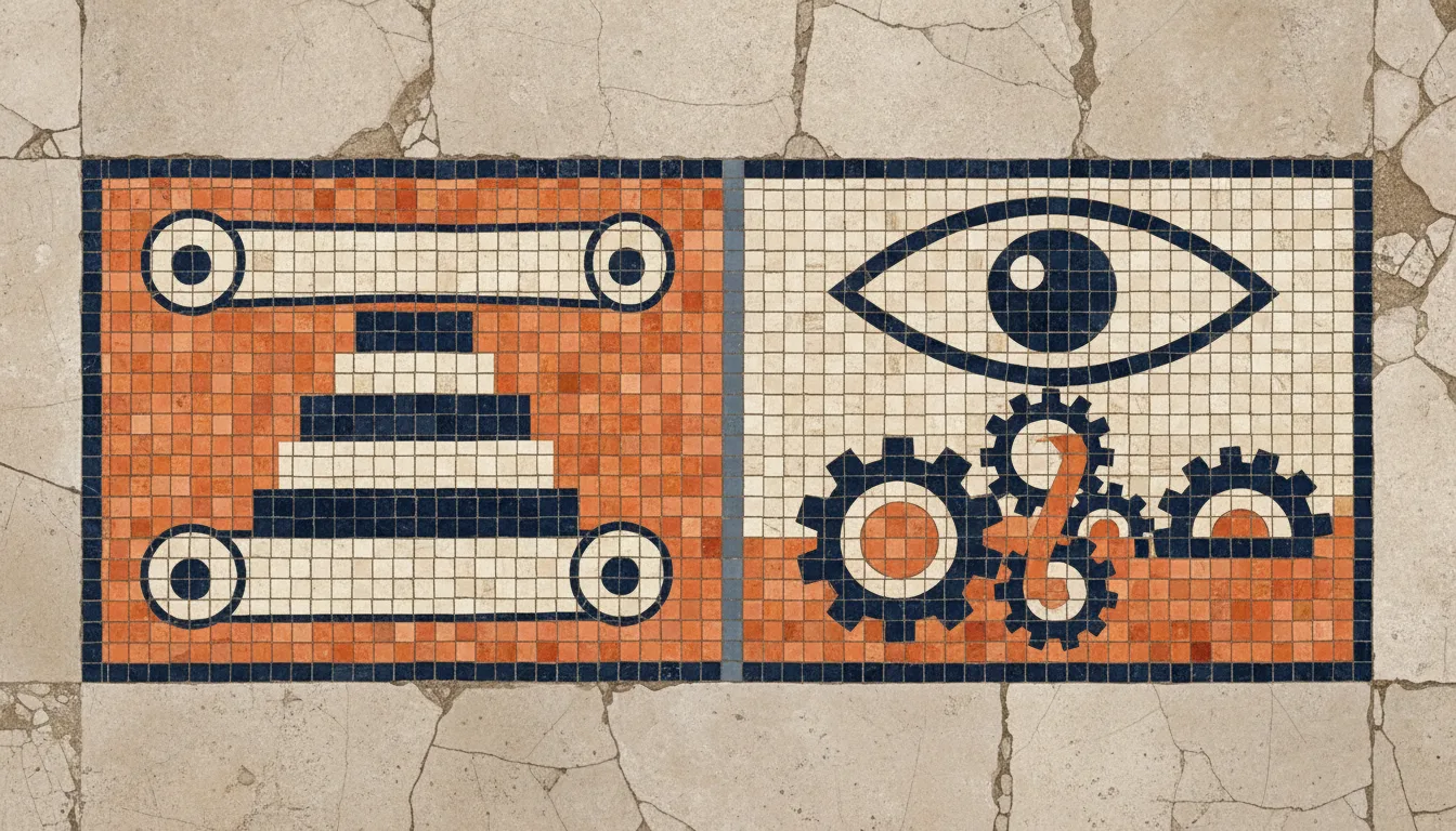 Two mosaic panels comparing flat HTML rendering and dynamic JavaScript interpretation