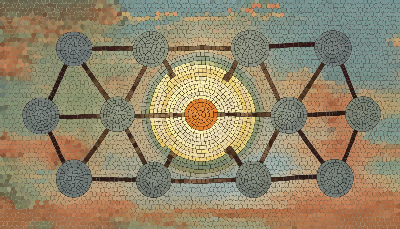 A tesserae mosaic network graph where most nodes are gray and similar, with one orange node surrounded by a warm halo, suggesting a new contribution that adds value beyond the repetition