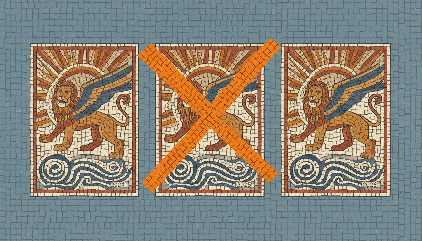 Three identical tesserae stone tablets side by side, each marked with a different year, with a single orange X drawn across all three to show the year does not change the underlying value